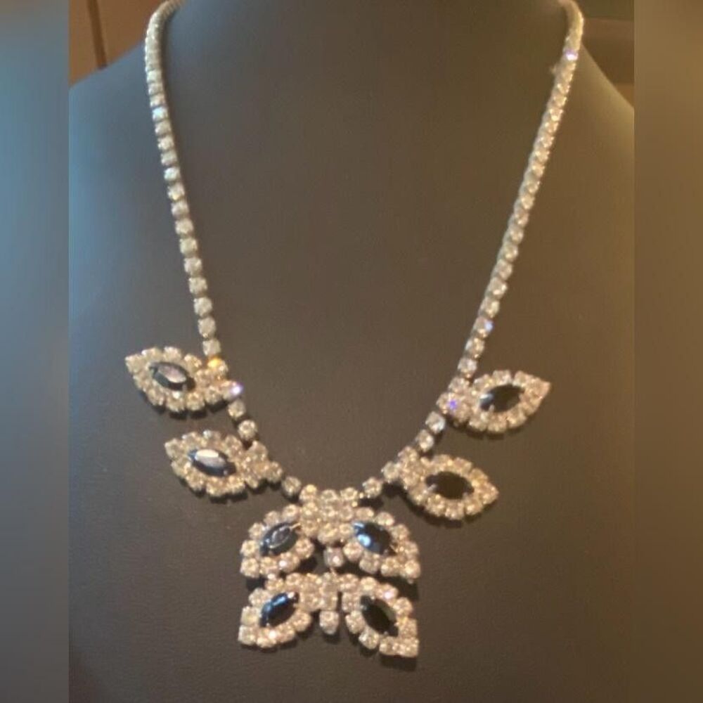 Silver Tone Rhinestone Tennis Necklace Leaf Cluster Statement Women Jewelry 15”